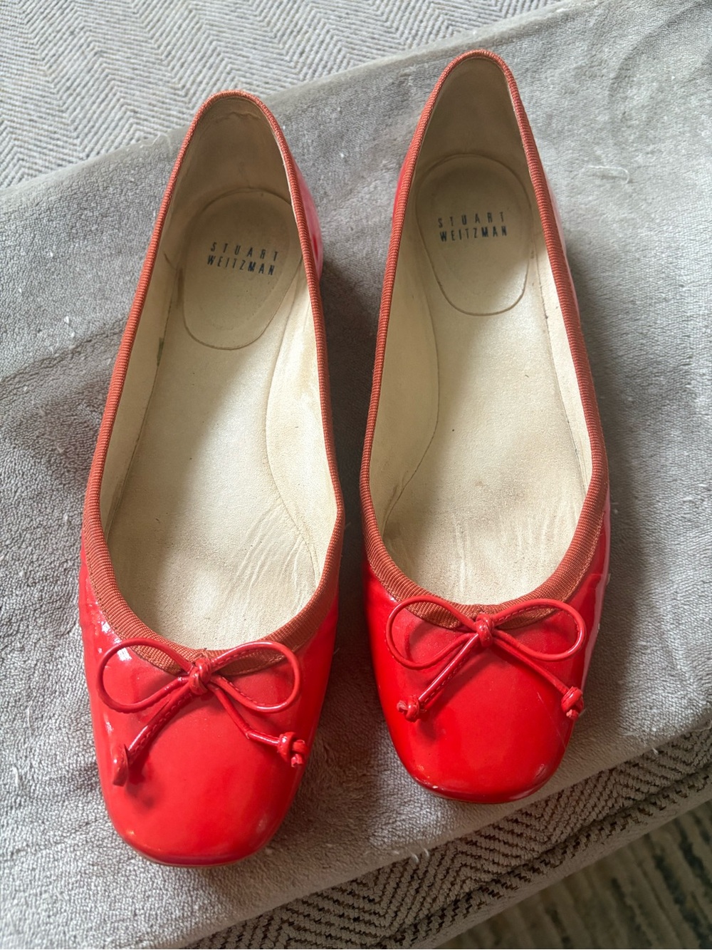 Stuart Weitzman Red Patent Ballet Flats with Bow Trim